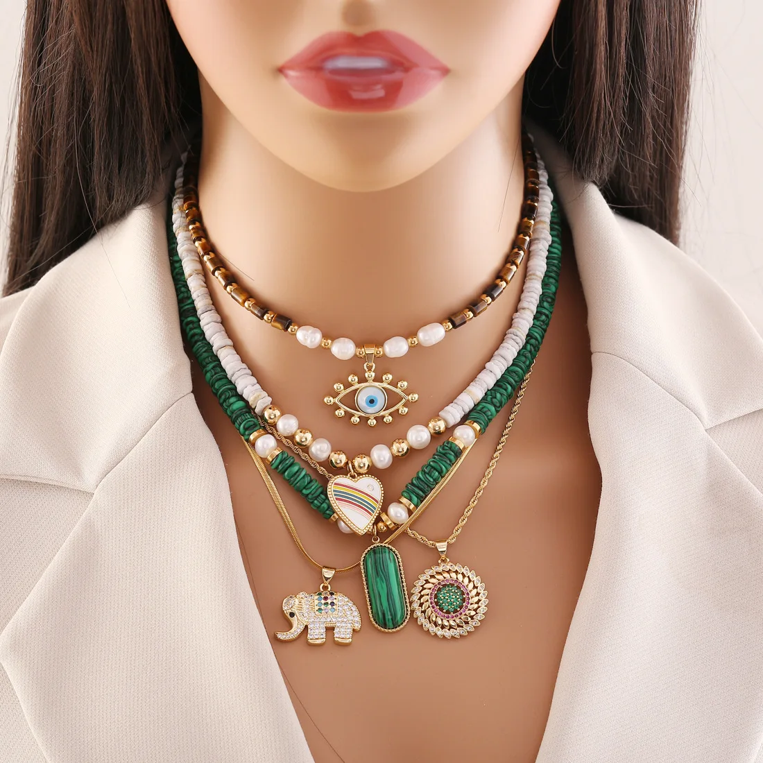 

New Natural Stone Beaded Eye Pendant Necklace for Women's Fashion Original Design Elephant Clavicle Chain Jewelry Gift