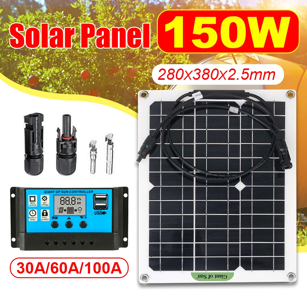 

Solar Power System Kit 150W Solar Panel 30/60/100A Controller Complete Power Generation Home Outdoor Camp Charger Battery Supply