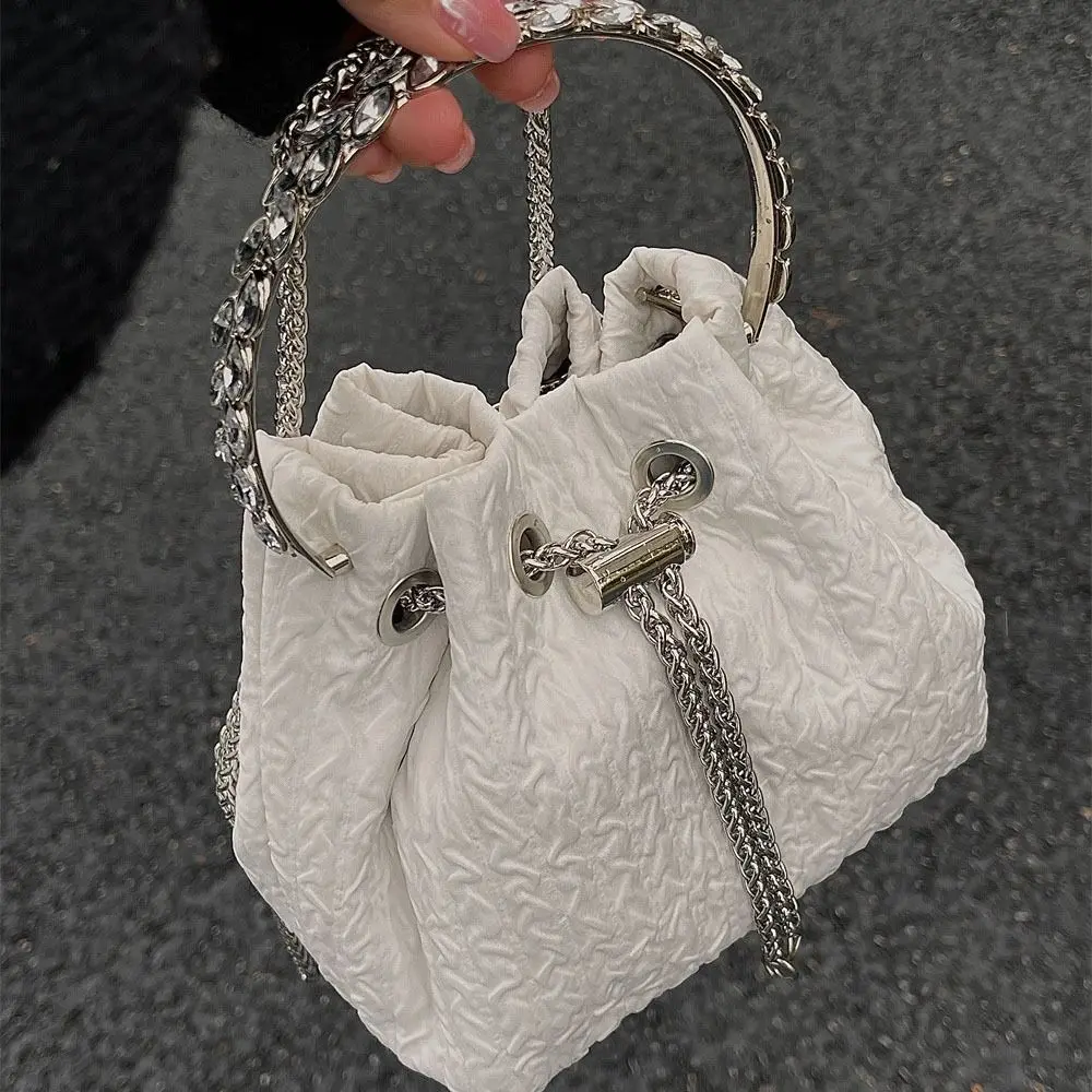 

Korean Style Drawstring Bucket Bag Simple Chain Diamond Handle Crossbody Bag One-shoulder Girl