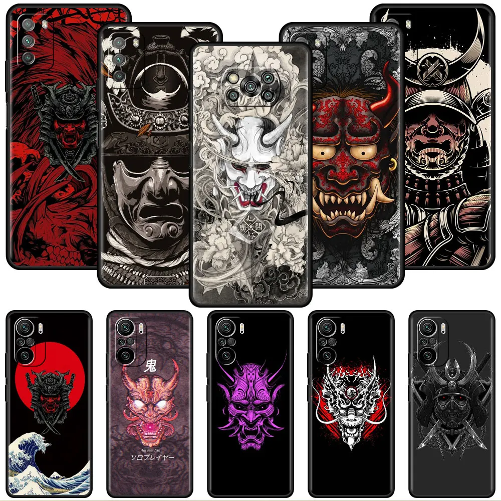 

Phone Case for Xiaomi Redmi Note 11 12 10 9S 9 8 Pro 7 8T K40 9C 9A 9 8 10C 10 Black Soft Funda Cover Samurai Oni Mask