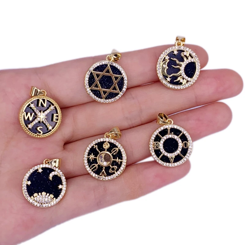 

Jewelry Natural Stone Black Agate Pendant Star Moon Compass Star Of David Starry Sky CZ Gold Plated Round Necklace Accessories