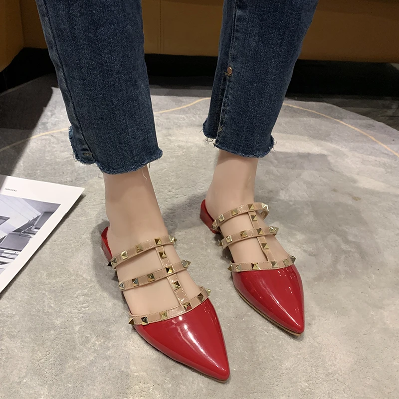 Women's sandals 2022 summer new style Baotou flat bottom pointed rivet half slippers women's low heel fashion designer slippers