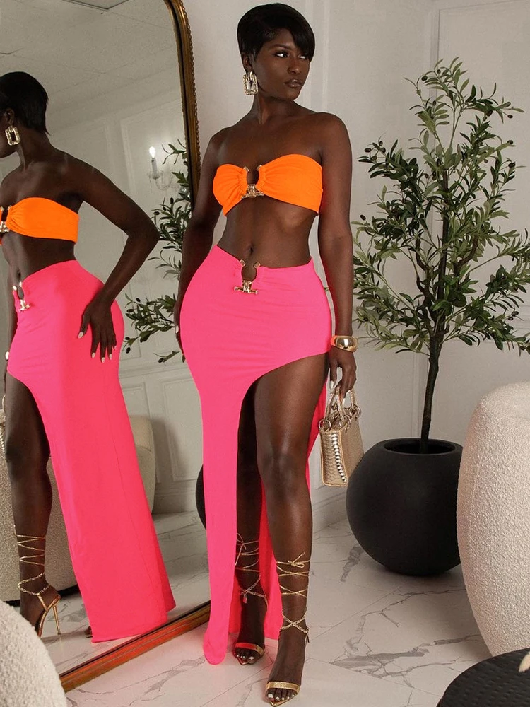 

wsevypo Sexy Two-Piece Skirt Suits Summer 2022 Women Club Street Party Matching Sets Sleeveless Tube Top+High Waist Slit Skirt