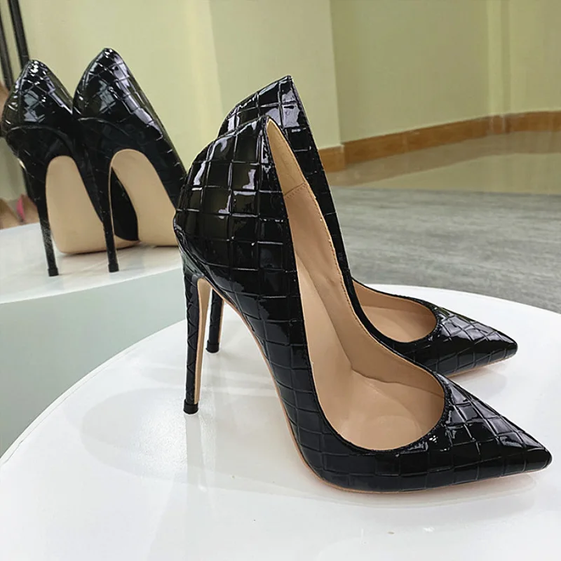 

UVRCOS Black Snakeskin Leather High Heel Shoes Women Pointed Toe Patent Leather Dress Heels 12CM Stiletto Shoes