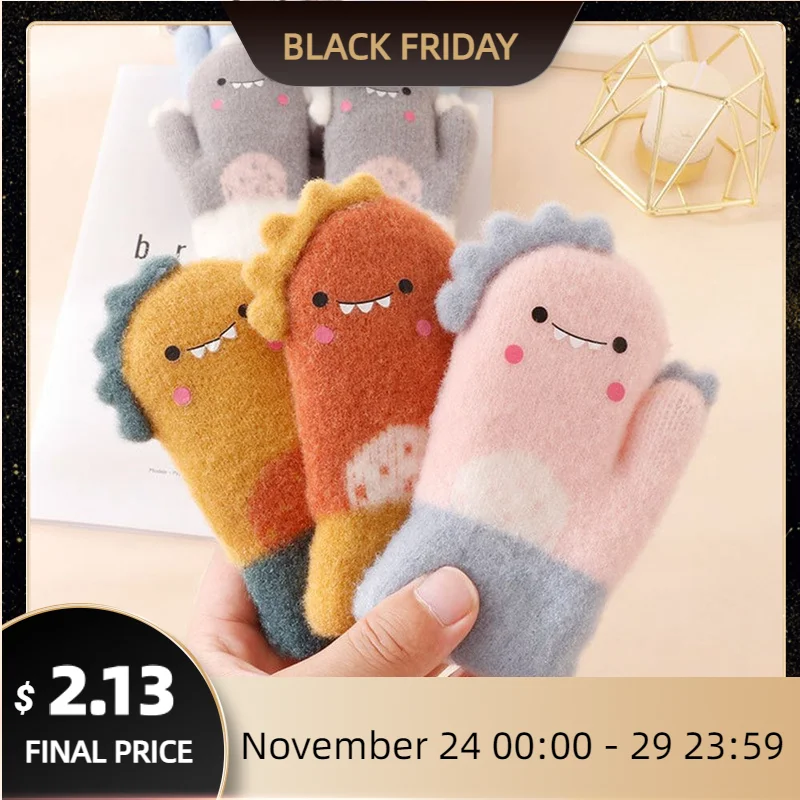 

Детские перчатки с мультипликационным динозавром, теплые осенне-зимние детские перчатки с пальцами для девочек и мальчиков, вязаные плотны...