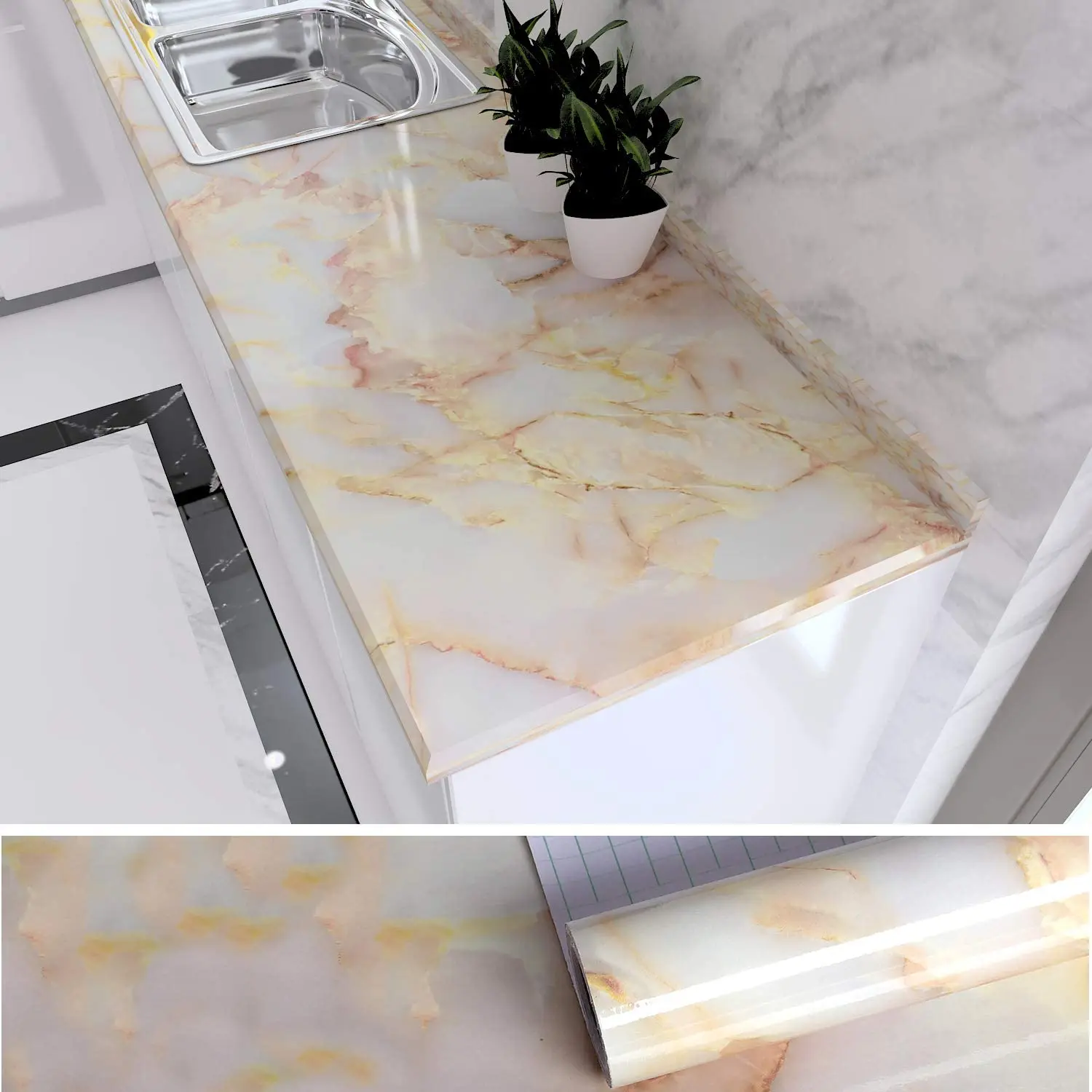 10m waterproof marble thicken wallpaper self adhesive removable vinyl film kitchen stove cabinet home decor 60 cm width stickers free global shipping