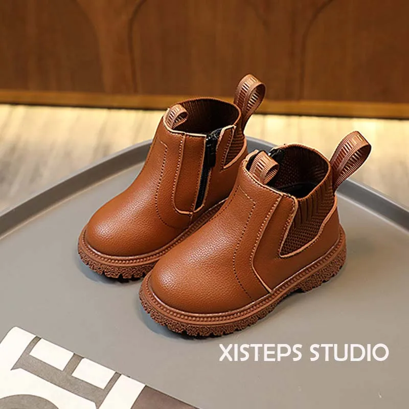 XISTEPS Elegant Ankle Boots for Children Girls Boys Anti-slip Leather Boots Toddler Shoes Baby Botas Black Brown Footwear 2023