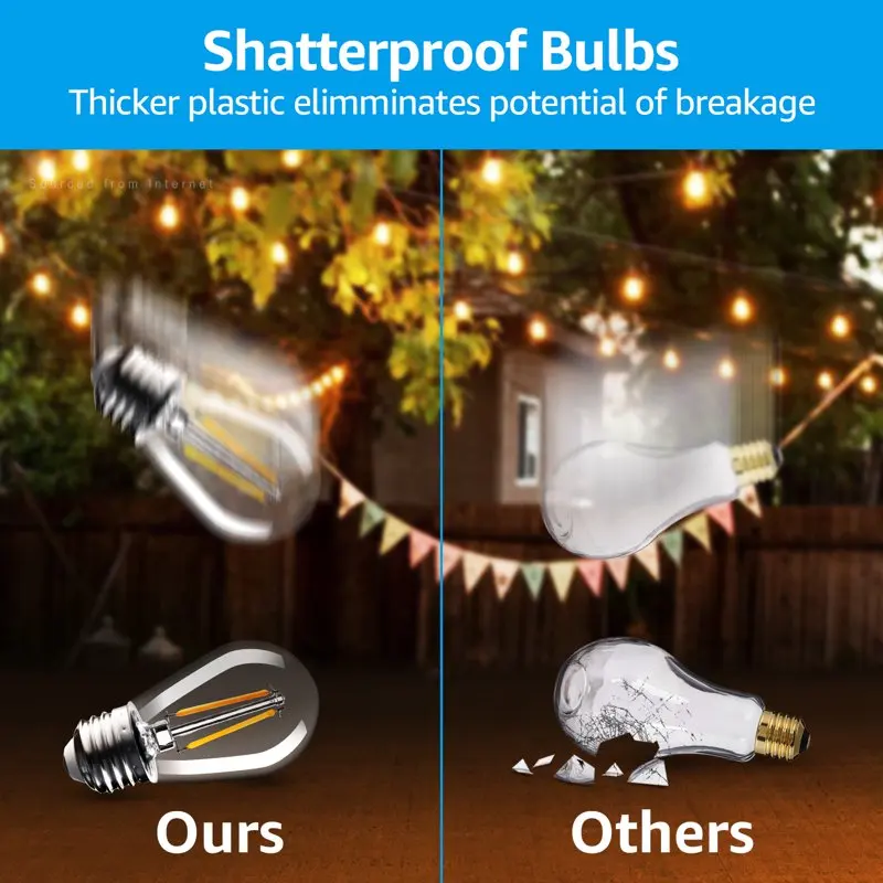

ETL Certified, Waterproof IP65 2700K Soft White LED Outdoor String Lights, 30+2 Vintage Filament Bulbs for Porch, Garden, Backya