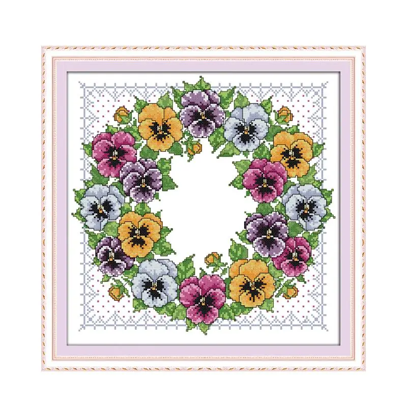 

Pansy wreath cross stitch kit aida 14ct 11ct count printed canvas stitches embroidery DIY handmade needlework