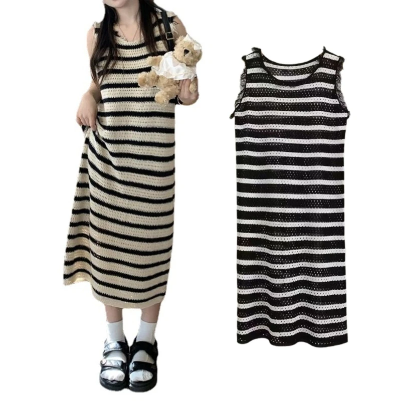 

Women Crochet Midi Dress Loose Casual Crochet Dress Knit Striped Dress Summer Sleevless Knit Dress Vest Dress 10CD