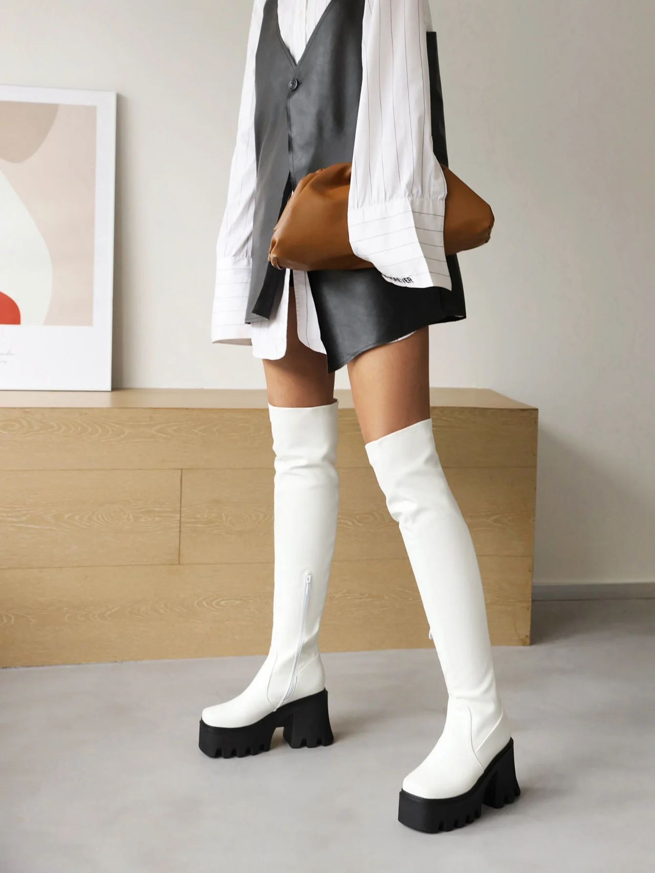 Square Toe Super High Thick Heel Simple Style Winter Stretch Knee Boots High Waterproof Platform Side Zipper Women's Long Boots