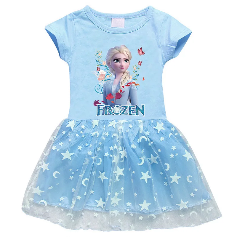 

1pcs Cartoon Elsa Princess Printed Skirt Frozen Girls' Dress Princess Printed Cartoon Star Moon Mesh Short Sleeve Princess Dress