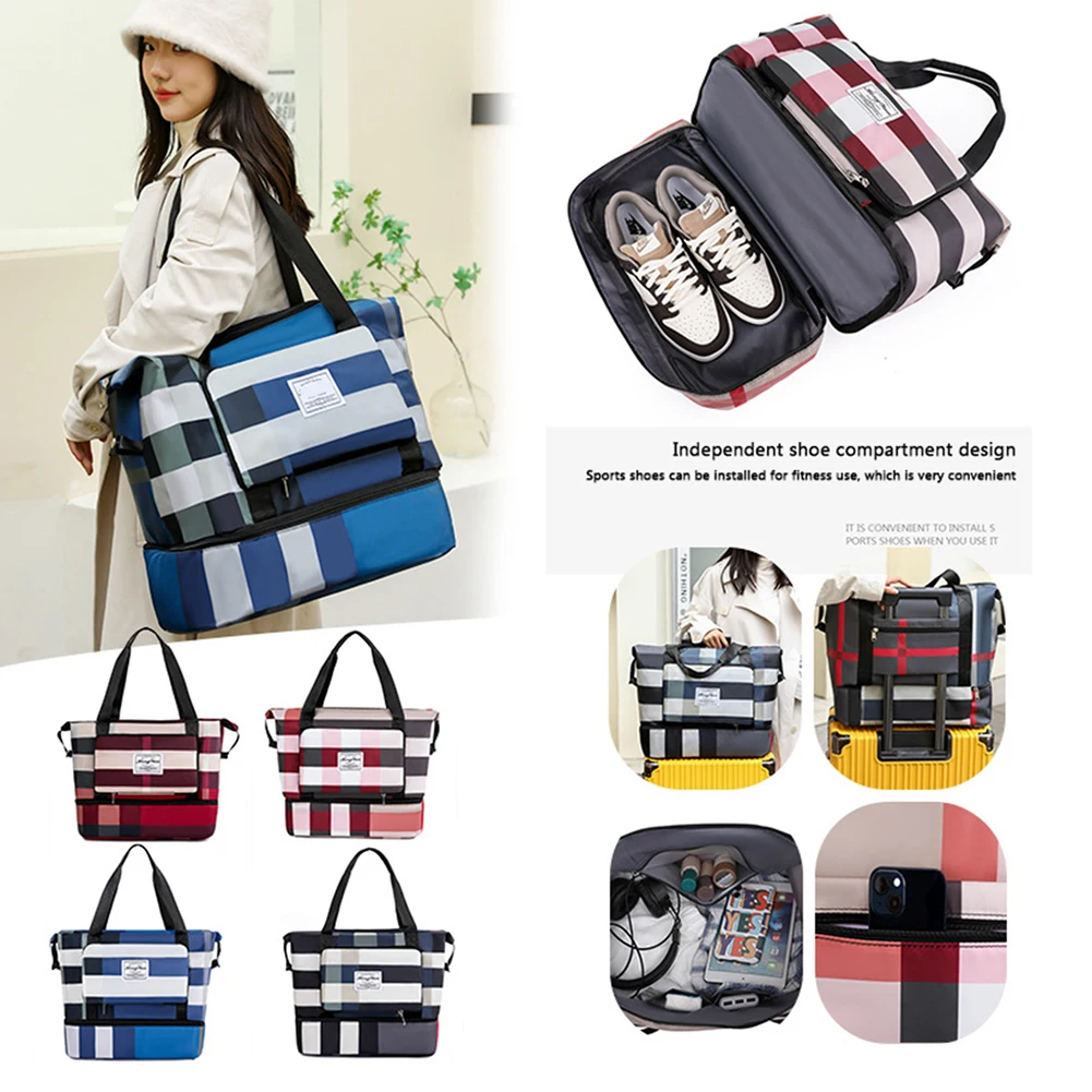 Portable Travel Bag Large Capacity Wet And Dry Separation Shoulder Bag Fashion Plaid Travel Duffel Bag Multipurpose Fitness Tote