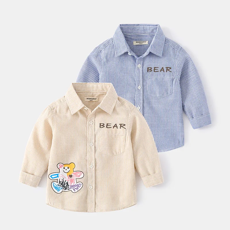 

2022 Children Cotton Shirts for Boys Spring Summer Baby Long Sleeve Cartoon Print Blouses Toddler Striped Bear Shirt Clothes