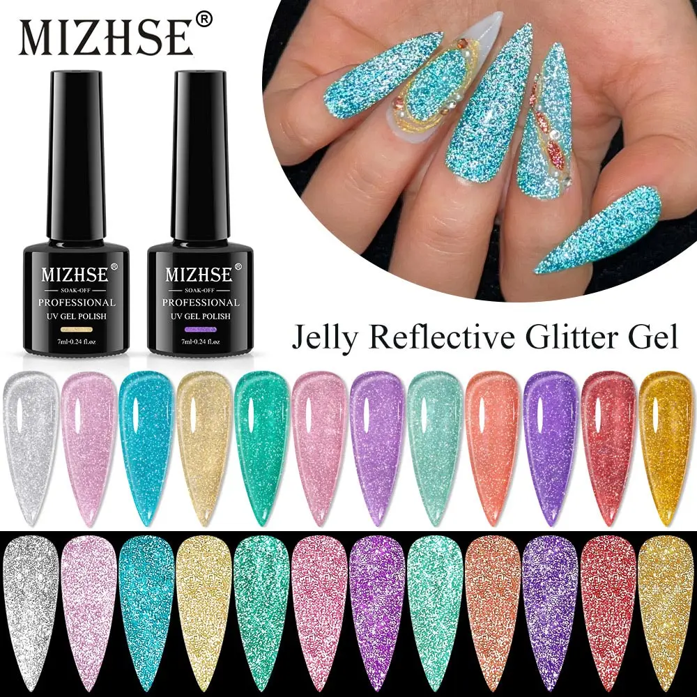

MIZHSE 7ml Reflective Glitter Gel Nail Polish Jelly Sparkling Aurora Gel Varnish Semi Permanent Soak Off UV/LED Gel for Nail Art