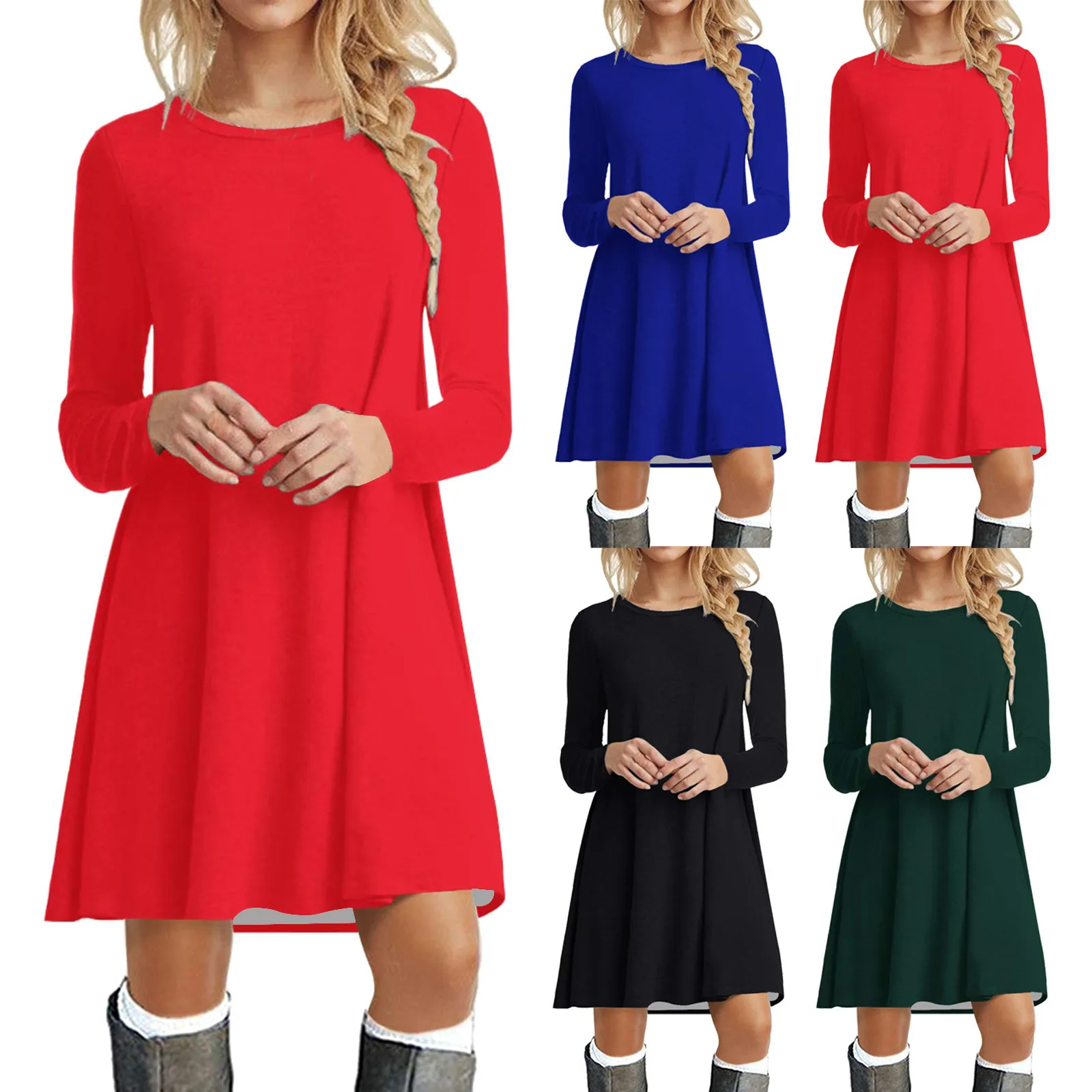 

Женское платье-рубашка с длинным рукавом, повседневное однотонное платье средней длины, платье-туника с длинным рукавом