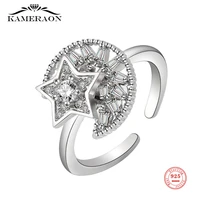 kameraon s925 sterling silver star moon zircon rotatable ring opening fine jewelry for women female birthday party gifts