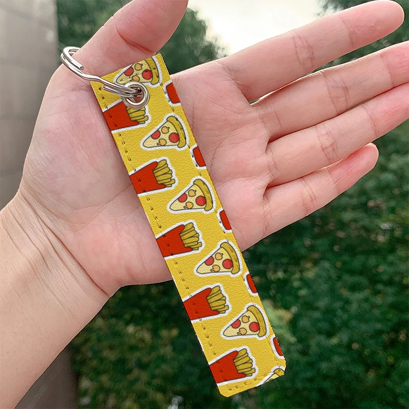 

Fashion Pizza and Fries leather motorcycle Keychain Strap Keyrings Hanging Holder Bag Wallet Trinket Keychain Hanging Bag