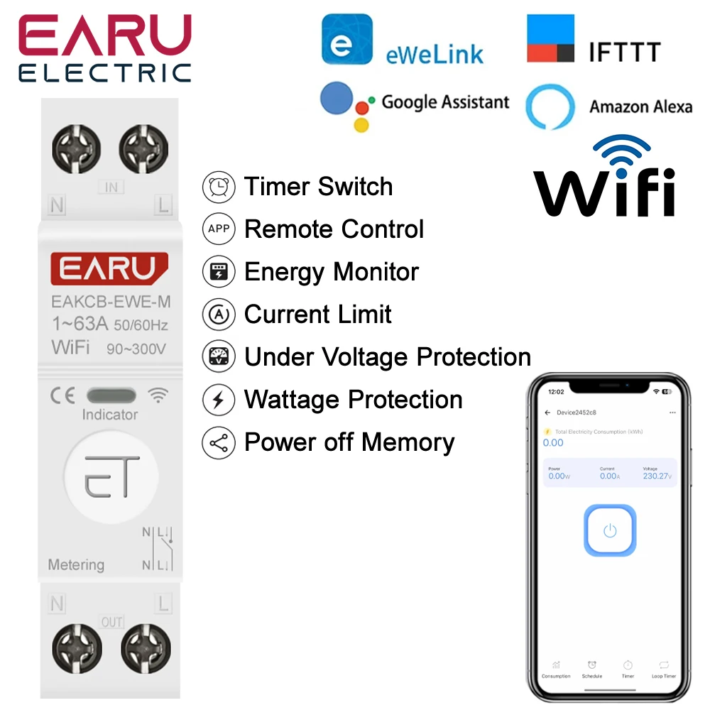 Умный автоматический выключатель eWeLink Wi-Fi 1P + N 63A MCB таймер реле измерение энергии