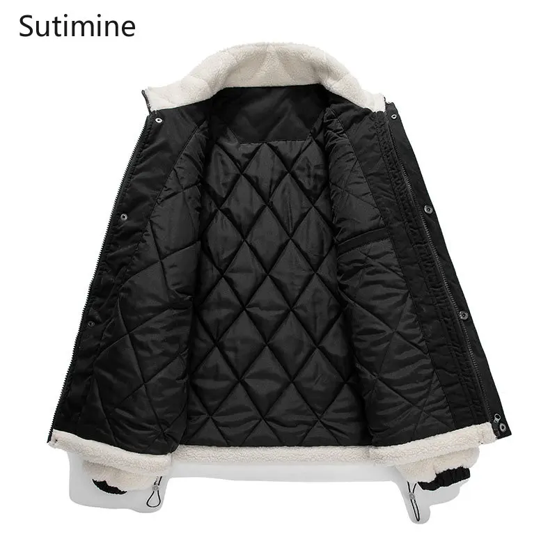 Coats Men Casual Button Lamb Cashmere Coat Men Cotton Padded Coat Thickened Vintage Coat Men Pockets Zipper Men Clothing