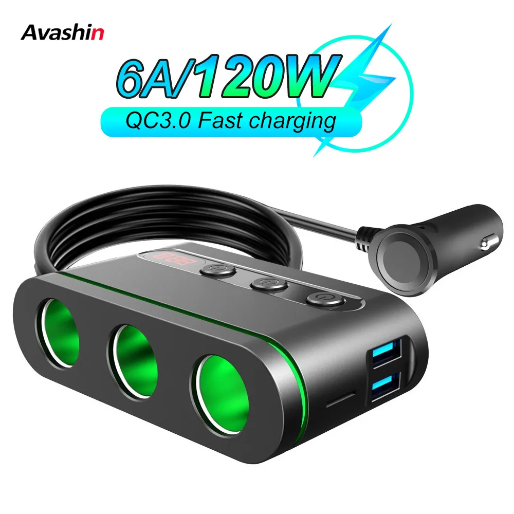 

120W Car Charger 3 in 1 Cigarette Lighter Splitter Power Adapter 12/24V USB Car-charger Socket For IPhone IPad Phone DVR GPS