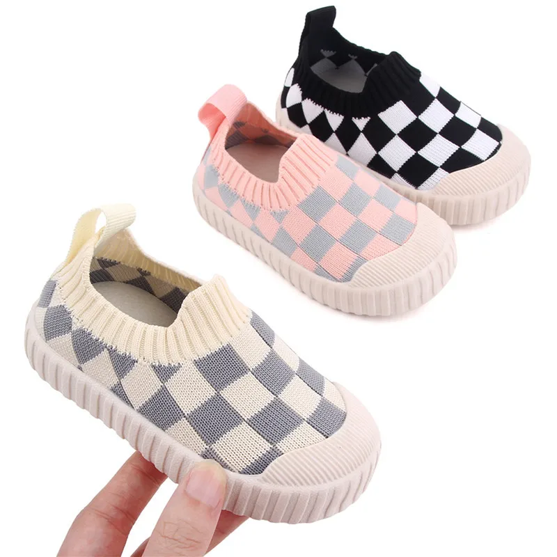 

Baby Girls Boys Flat Shoes Infants Plaid Prints Knitted Soft Sole Non-slip Casual Shoes Toddlers Indoor Outdoor Toddler Shoes