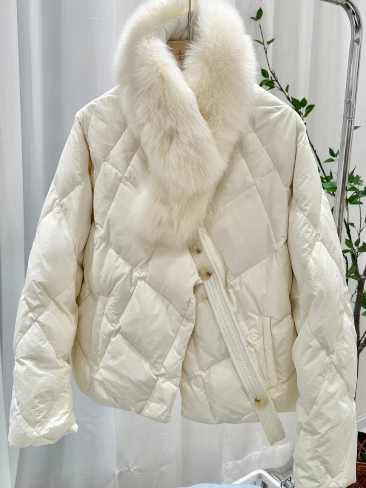 

Fitaylor Winter Women White Duck Down Coat Female Large Real Fur Collar Button Outwear Casual Loose Puffer Parka Jacket