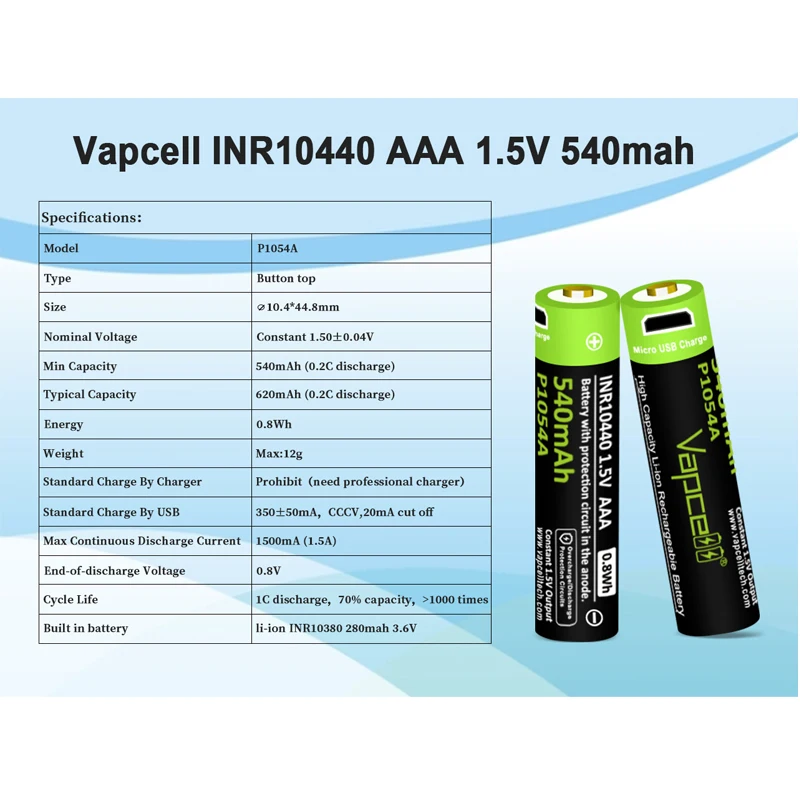 USB-батарея Vapcell P1054A 10440