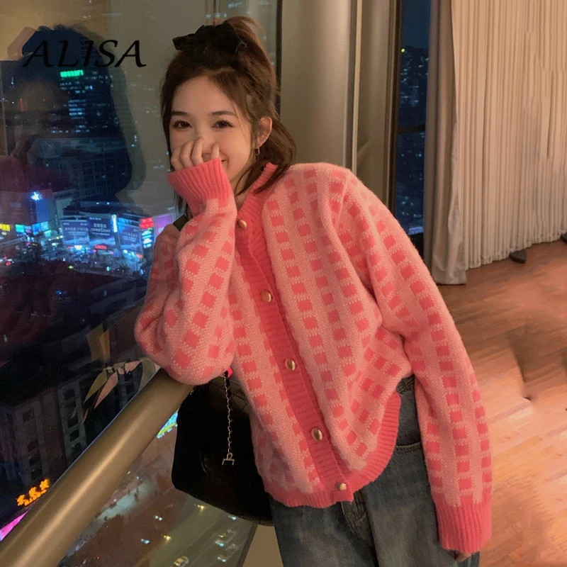 

Pink Plaid Sweater Women Spring Autumn V Neck Button Up Knit Cardigan Top Woman Korean Chic Vintage Jumper Clothing