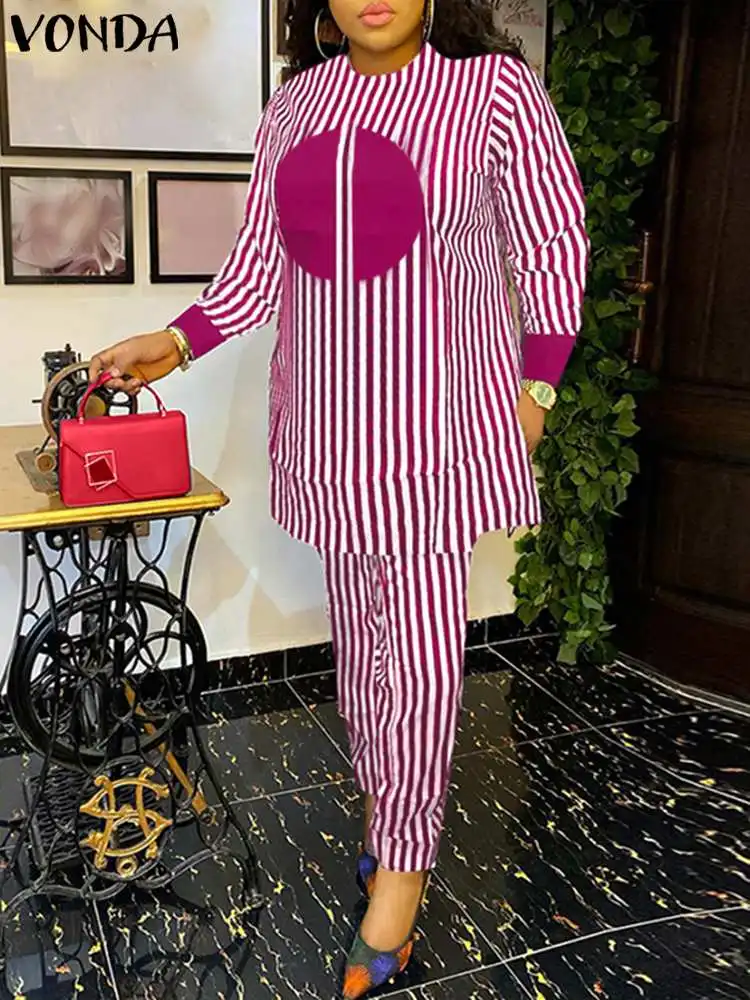 

Autumn Striped Sets Women Pant Sets 2023 VONDA Casual Long Sleeve Printed Vintage Tops and Wide Leg Pants Bohemian Matching Sets