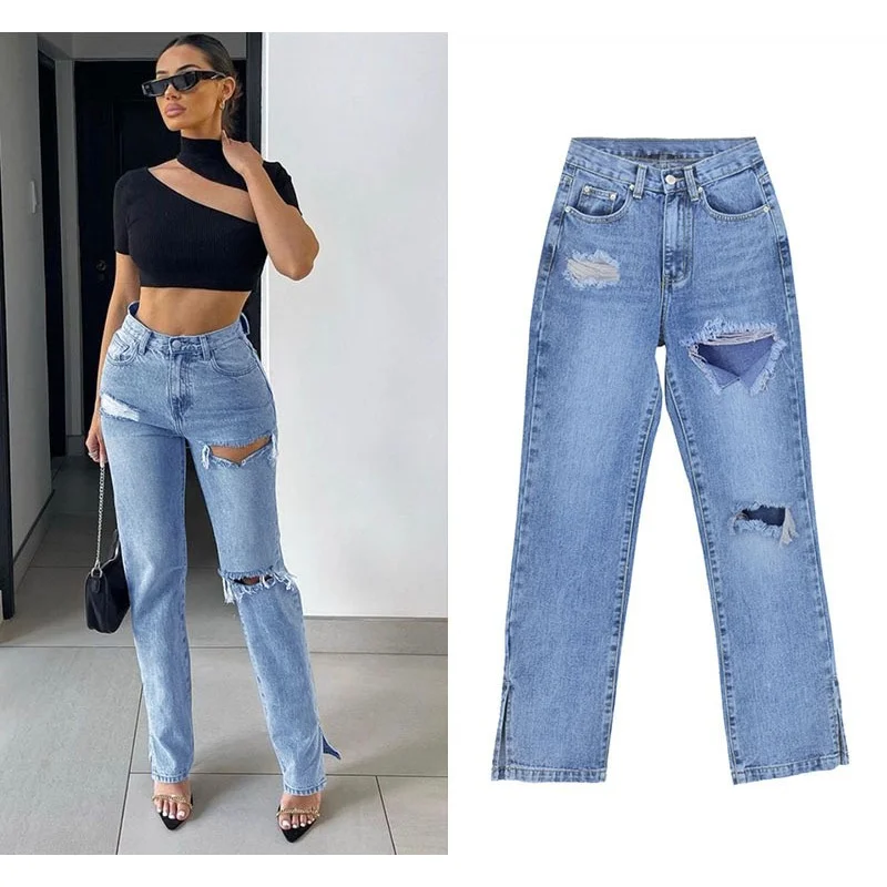 Street hipsters with holes and splits plus size women's jeans, flared pants and ripped jeans slouchy jeans