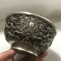antique bronze double dragon grab bowl home craft collection souvenir exquisite ornament