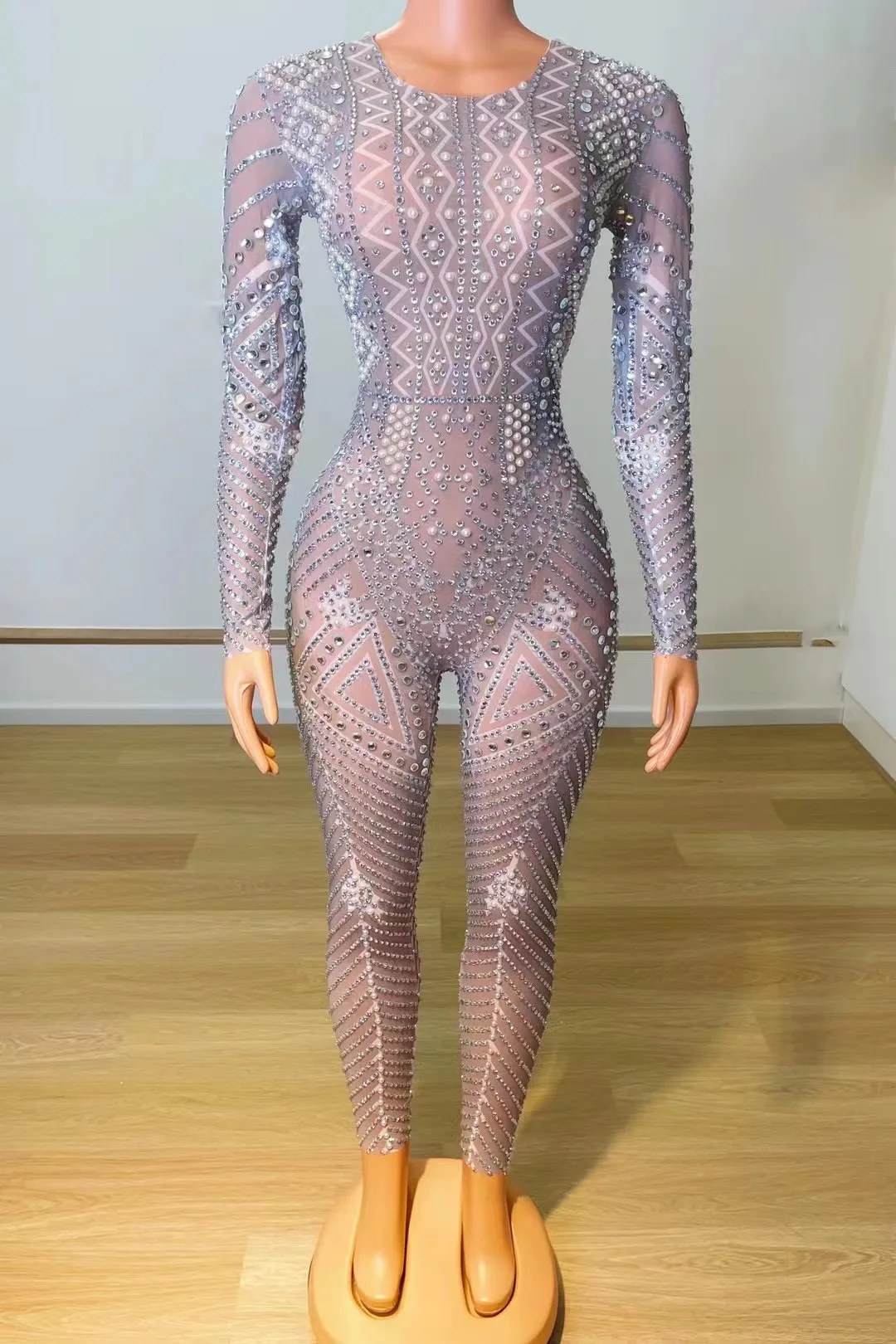 

Gray Mesh Rhinestones Jumpsuit Elastic MeshLong Sleeve O-neck Crystals Rompers DJ PoleDancing Acrobatic Performance Leotard