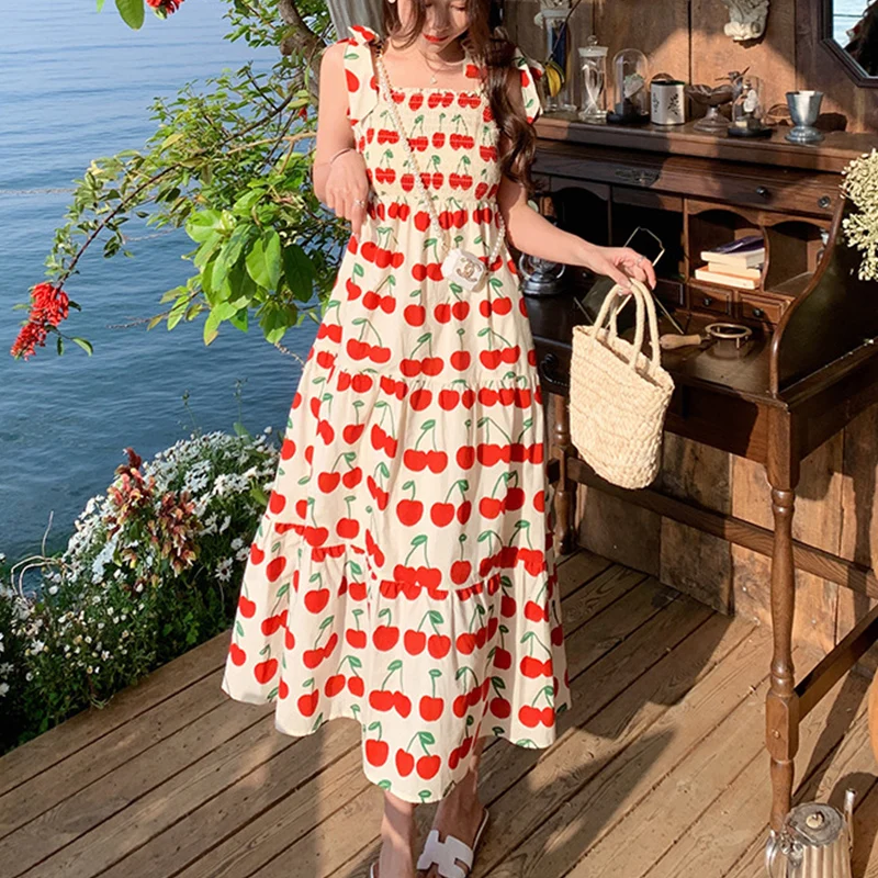 

Women Red Cherry Party Dress Vintage Dress 2022 Elegant Summer Strapless Swing Retro Halter Pin up Dress
