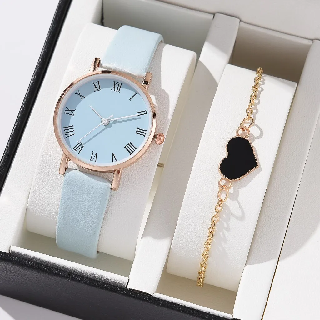 2PCS Women Watch Luxury Elegant Alloy Watch PU Leather Strap Wristwatch For Ladies Quartz Watch Black Heart Bracelet NO BOX