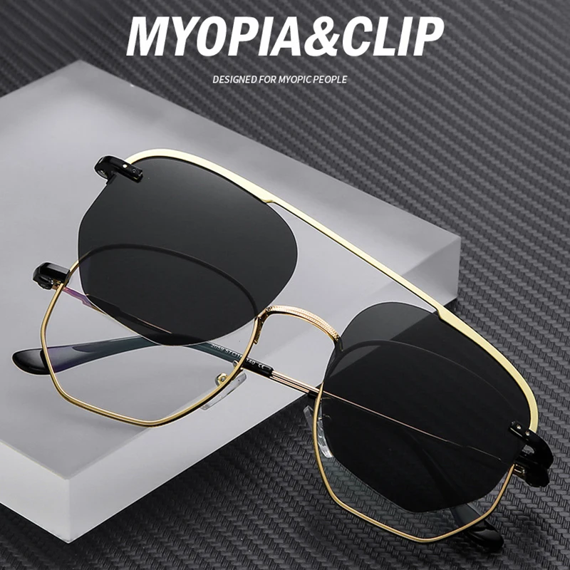 

Myopia Magnet Clip On Glasses Frame Polarized Clip Sunglasses Men Prescription Optical Eyeglasses Frame Pilot Brand With 4 Lens