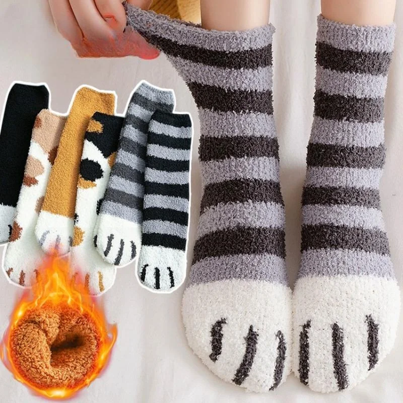 

Winter Warm Funny Cute Style Animal Cat Paw Cartoon Pattern Women Cotton Socks Soft Gift For Female House Sleeping Floor Sox