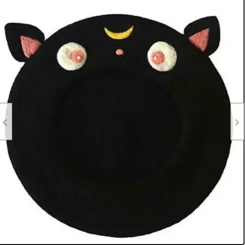 

Japan Lovely Black Cat Beret Cap Beret for Women Wool Felt Vintage Artist Painte