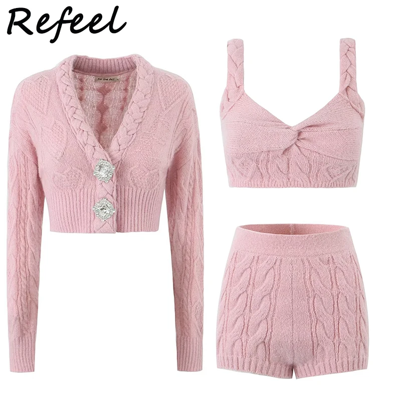 

Women Shorts Sets Fashion With Camisole Single Breasted Chic Crop Top Short Sweater Cardigan Waistcoat Camis White Solid Mujer