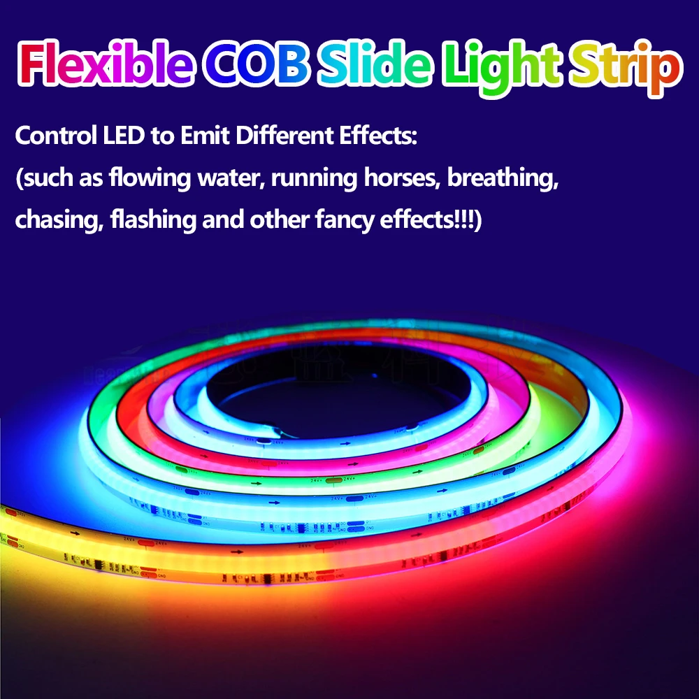 

DC24V LED Slide Light Strip COB RGBIC Dream Color 480leds/M High Density and Brightness 10mm Flexible Light Self-adhesive RA90
