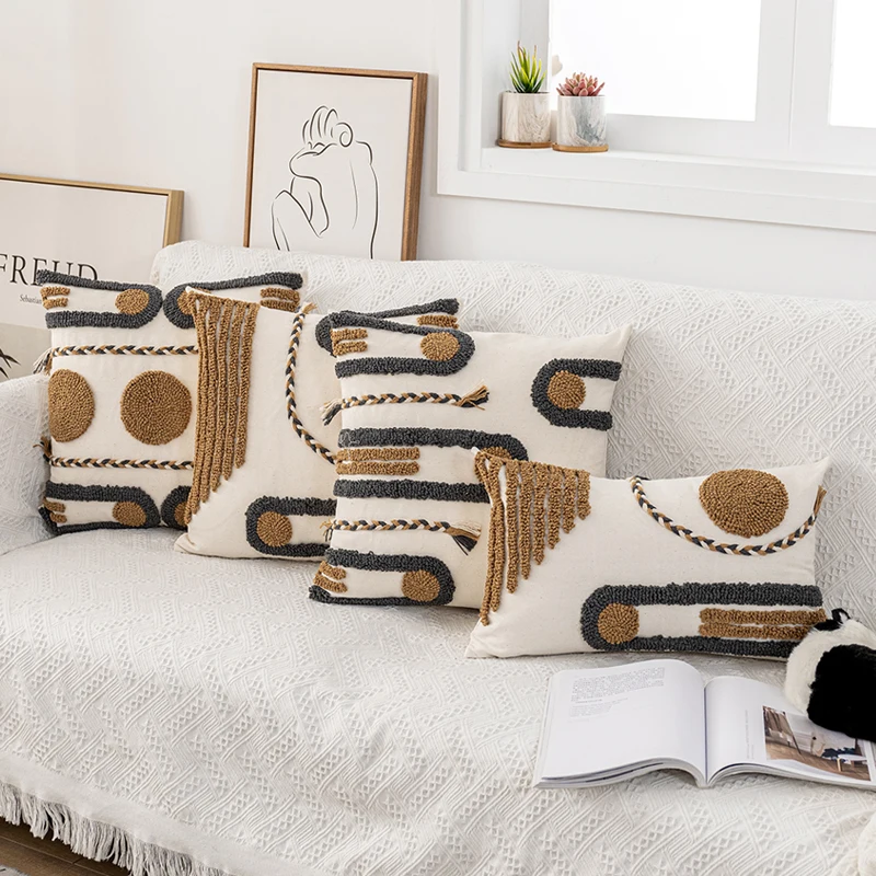 

Luxury Decor Sofa Cushion Cover Embroidered Cotton Pillow Case Coffee Loop Tufted for Home Decorative Living Room Pillowcase