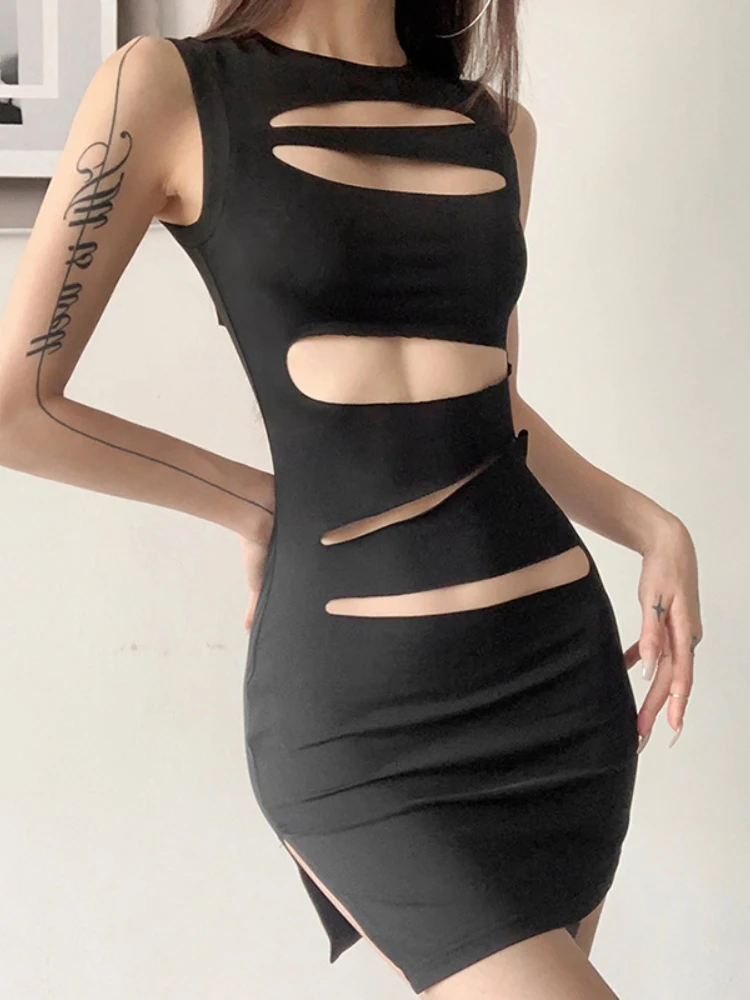 

Sexy Sleeveless Cut Out Black Tank Mini Dress for Women 2022 Summer Y2K Fashion Side Slit Party Club Dresses High Street Outfits