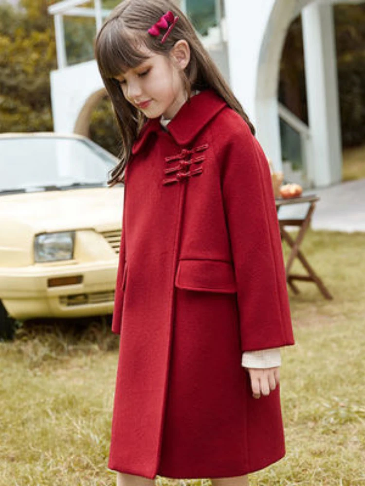 

Woolen Jacket for Girl Red Winter Korean Teenager Girls Wool Coats Mid-Length New Year Clothes Childrens Clothing 10 12Y Autumn