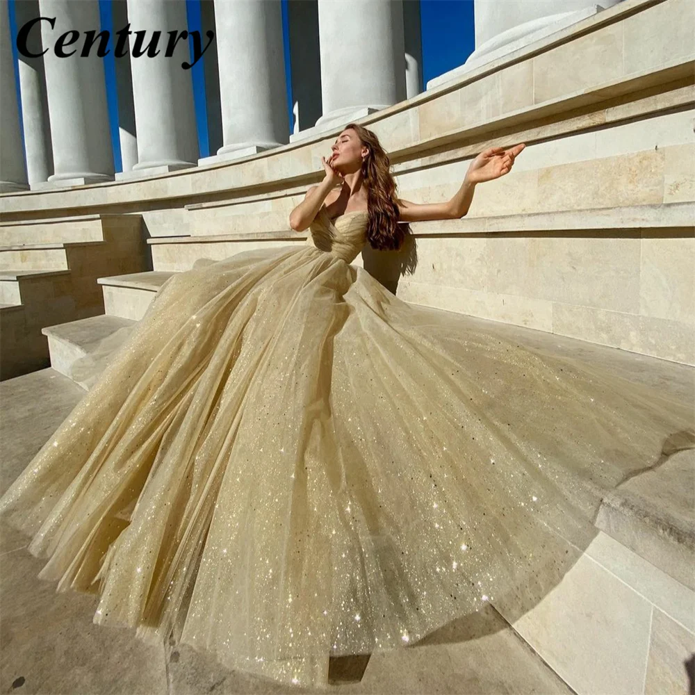 

Century Sexy Long Champagne Glitter V-Neck Evening Dresses Tulle A-Line Pleated Cross Back Robes de Soirée Prom Gowns for Women