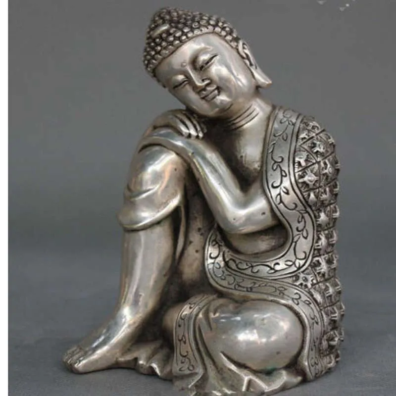 

5" Tibetan Buddhism copper Silver plating Seat Sleep Sakyamuni Buddha Statue
