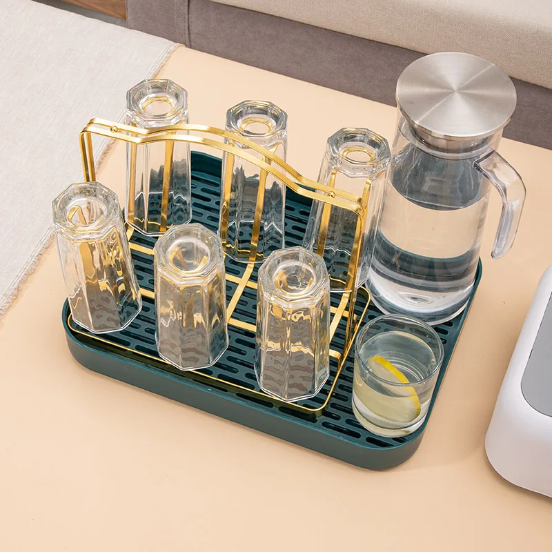 

Household Upside Down Water Cup Shelf 6 Cups Glod Light LuxuryCreative Drain Rack Living room Kitchen (Not include Drain tray)