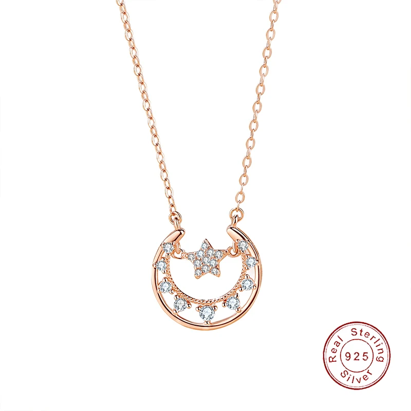 

European Star Moon S925 Sterling Silver Necklace AAA Zircon Pendant Clavicle Chain Fit Women Birthday Jewelry Gift