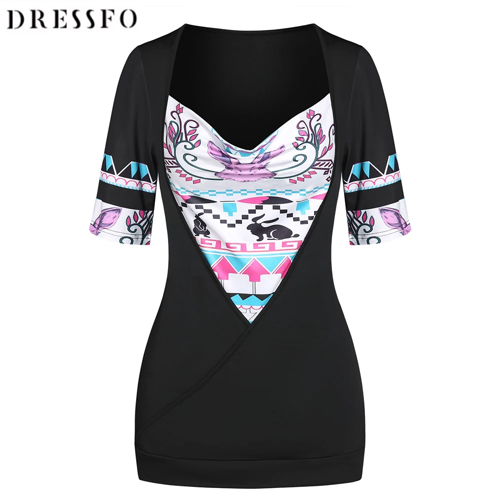 

Women T Shirt Rabbit Geometric Print Cowl Neck Short Sleeve Tee Festival Easter Tribal Print Summer Fashion Top 2023