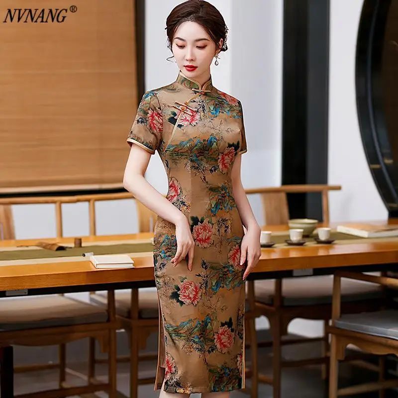 

Nvnang Chinese Cheongsam, Spring and Autumn New Mid-Length Split Cheongsam Elegant Lady Slim Modified Chinese Style Dress