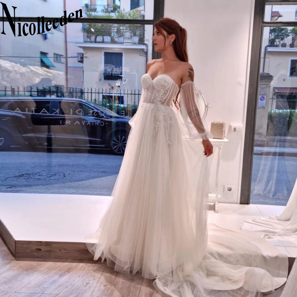 

Nicolle Attractive Sweetheart Backless Wedding Dresses For Bride Lantern Sleeves Appliques Tulle Court Train A-LINE